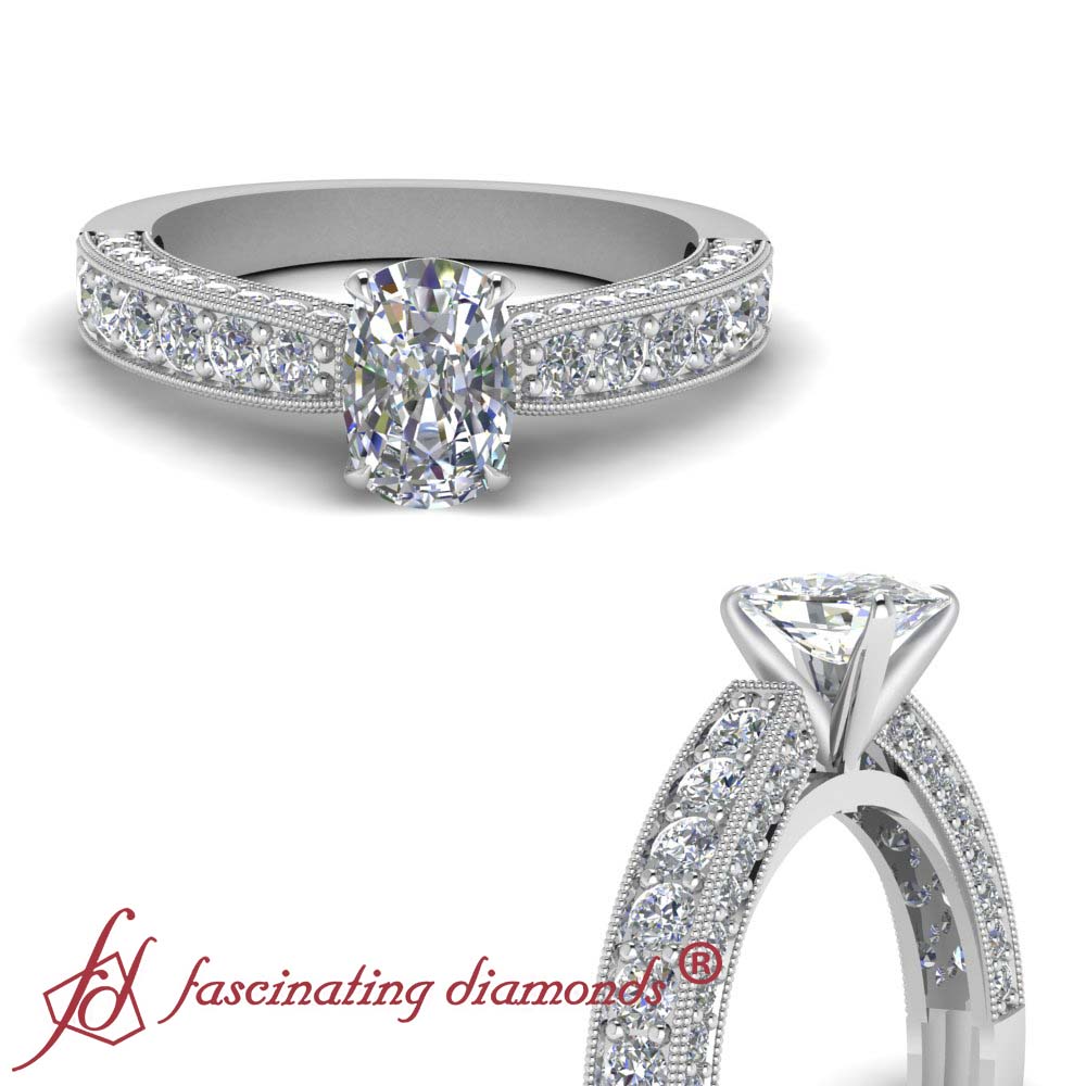 1 65 Ct Cushion Cut Diamond 3 Side Milgrain Design Engagement Ring