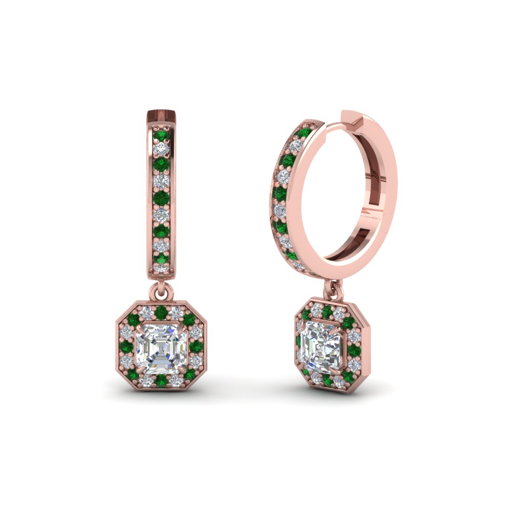 asscher diamond halo drop hoop earrings with emerald in FDEAR1185ASGEMGR NL RG