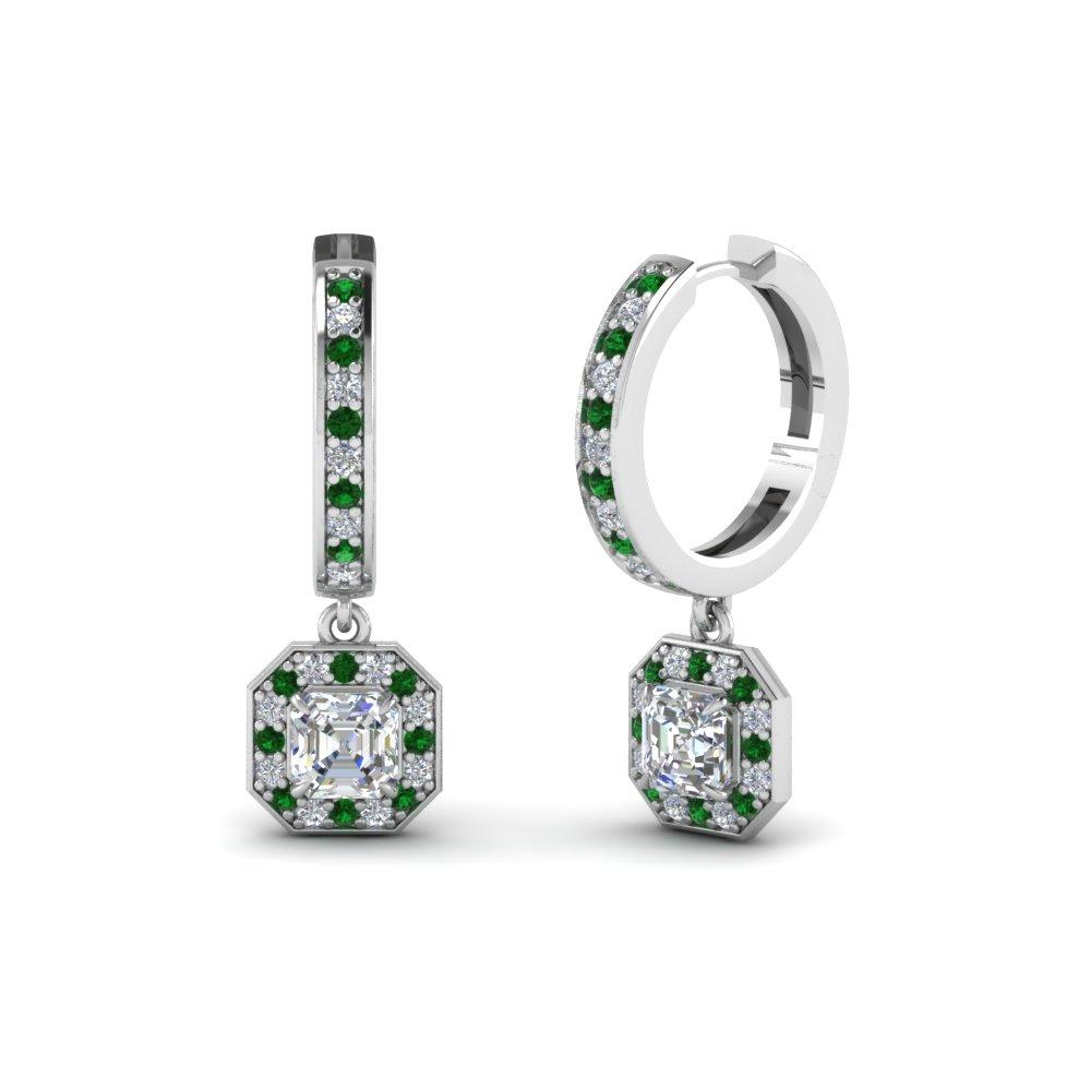 asscher diamond halo drop hoop earrings with emerald in FDEAR1185ASGEMGR NL WG