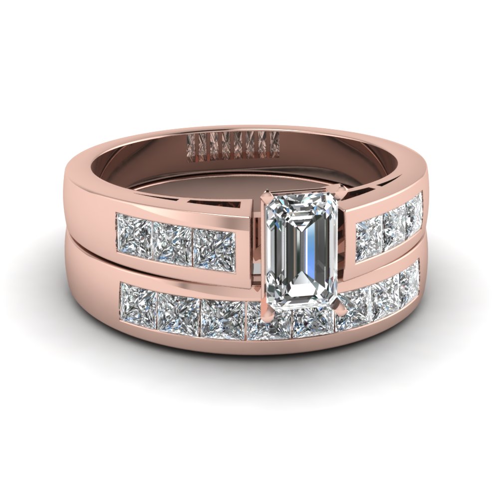 Emerald Cut Channel Diamond Wedding Ring Set In 18K Rose